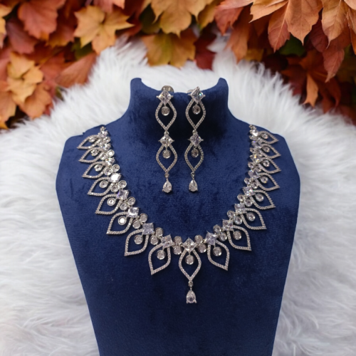 Elegant Silver Colour AD Leaf Necklace