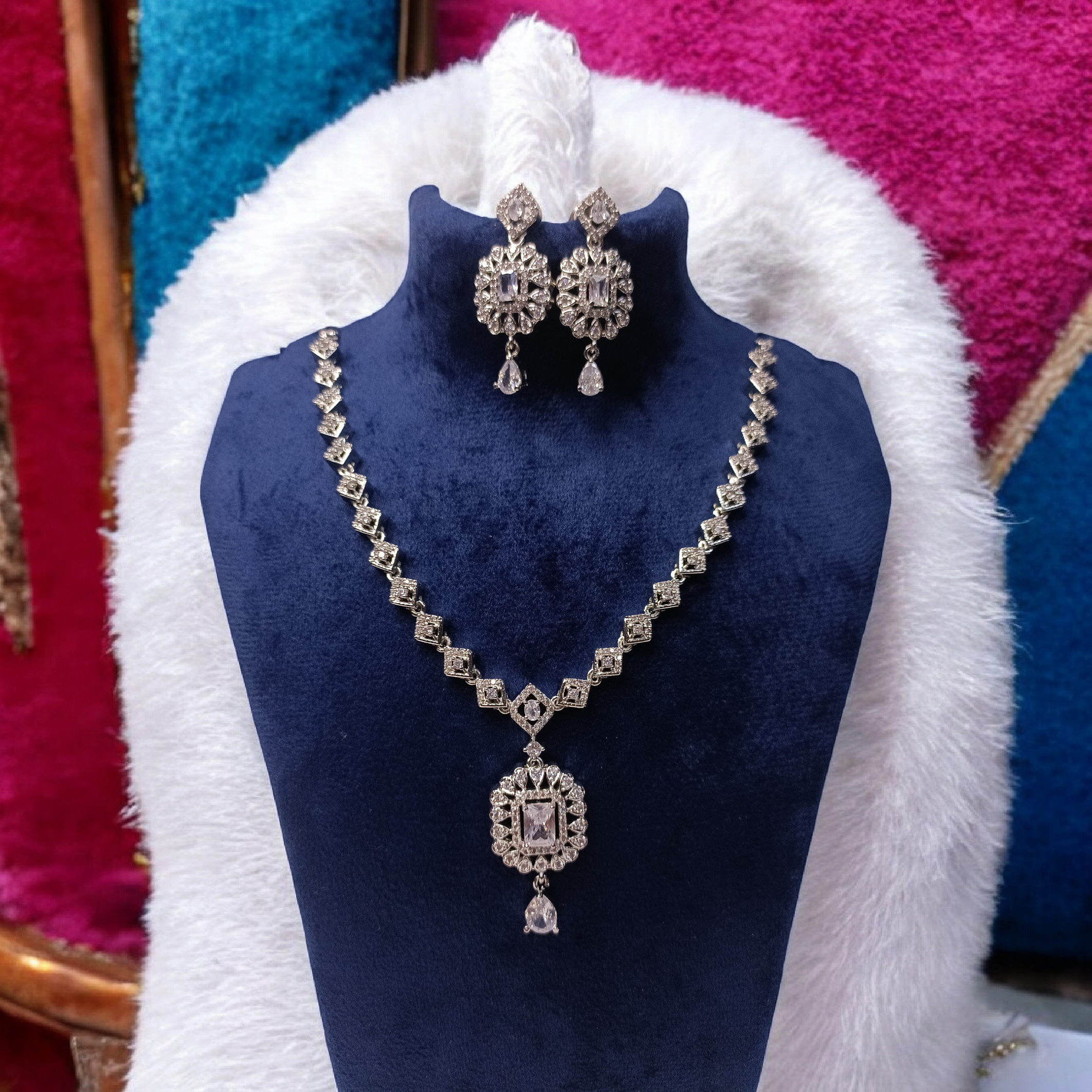 Silver Colour Teardrop Design AD Necklace