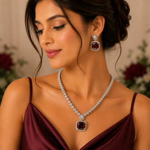 Red Stone Teardrop AD Necklace Set