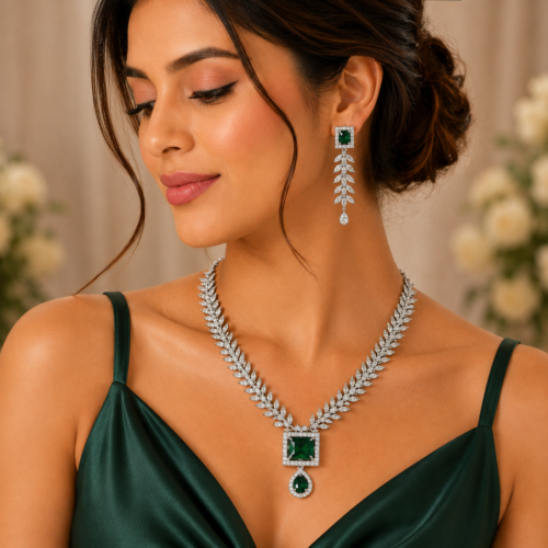 Green Stone Teardrop AD Necklace Set